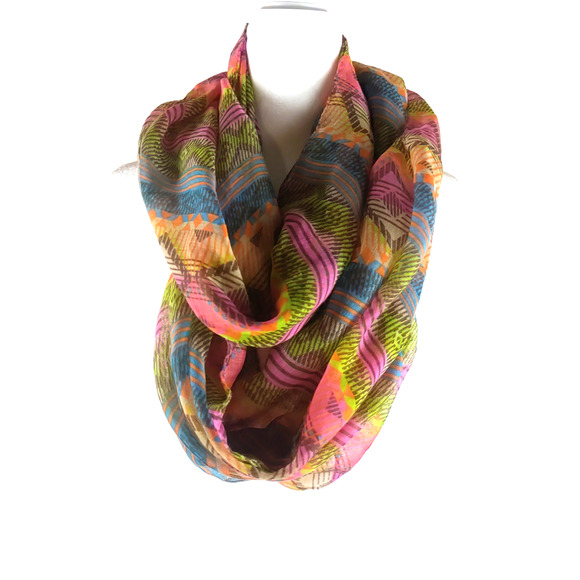 Infinity Scarf Orange Blue Aztec Design 68" X 23 Sheer Lightweight - Picture 1 of 8